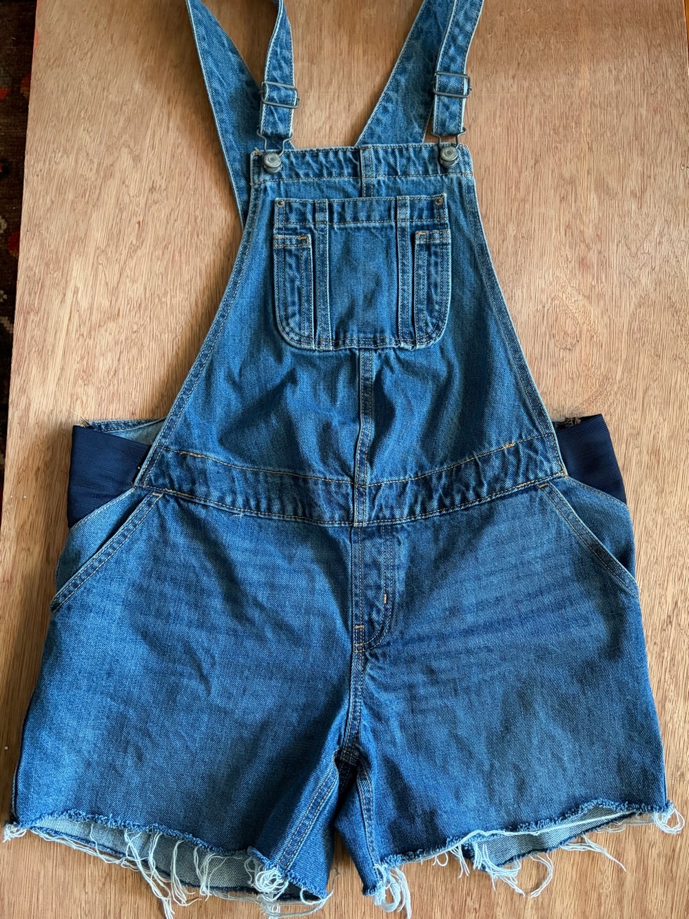 Maternity Denim Short Overalls Raw Hem Medium Wash